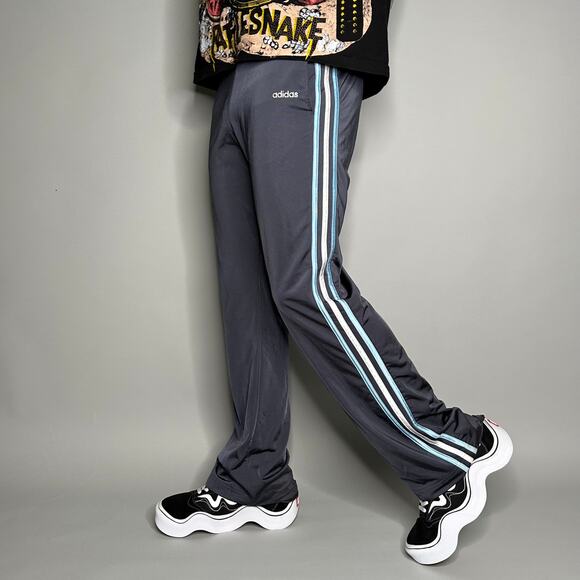 Vintage Adidas Sweatpants Grey Polyester Light Blue 3 Stripes White Y2K - Picture 1 of 4